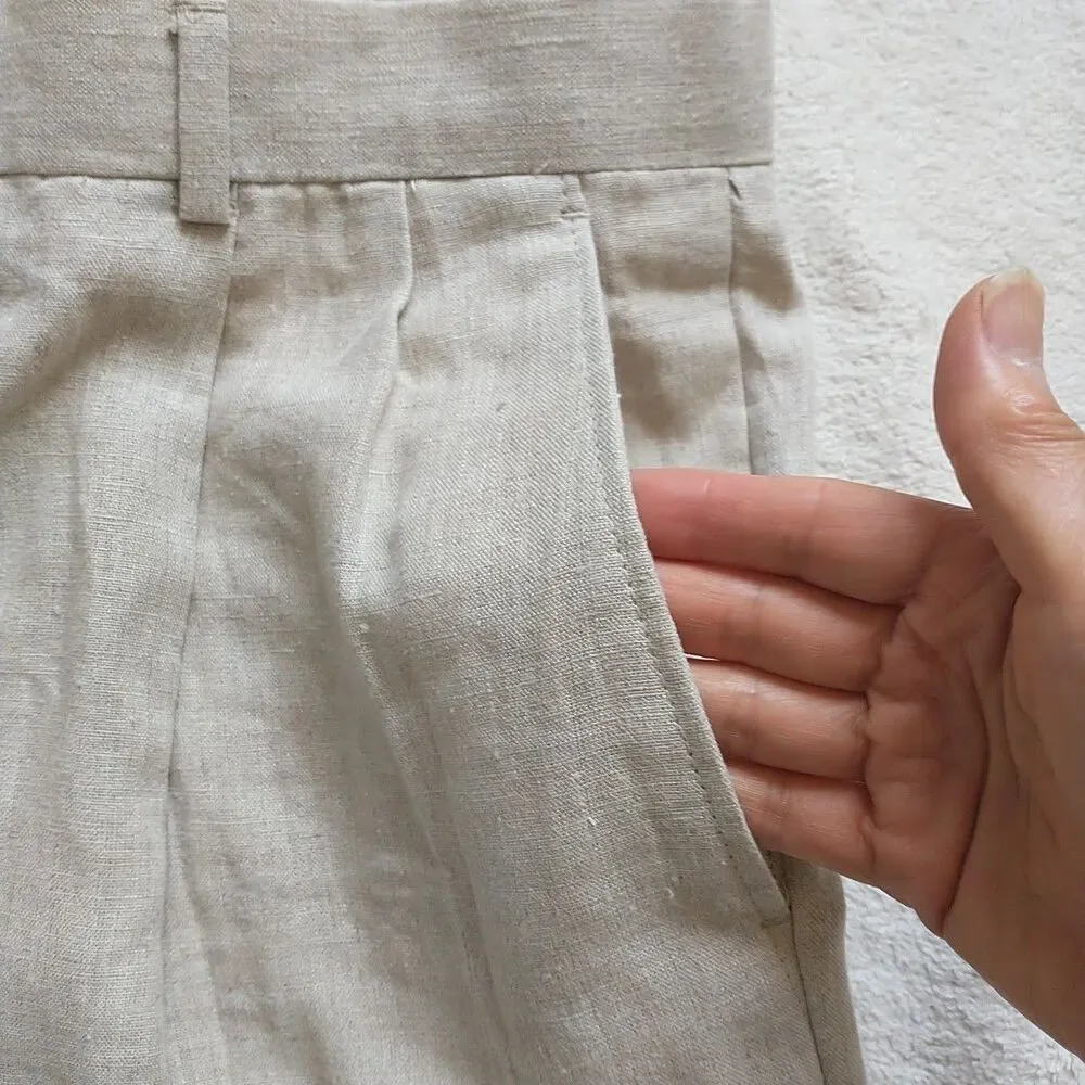 Grant Thomas Pants Trousers Mens 36x32 Beige Linen Slacks Cuffed Pleated